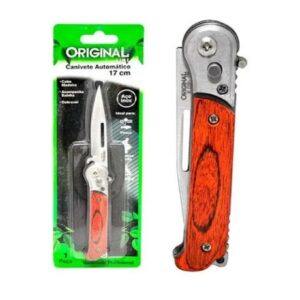 Canivete automático de aço inox com cabo de madeira 17cm