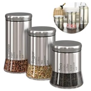 Kit Jogo 3 Potes Vidro Inox Hermético Café Açúcar Chá Luxo - Clink