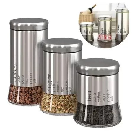 Kit Jogo 3 Potes Vidro Inox Hermético Café Açúcar Chá Luxo - Clink